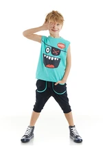 Denokids Ahoy Boys' Blue Sleeveless T-shirts, Navy Blue Capri Shorts Set.