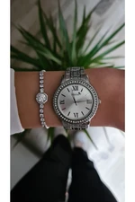 Polo Air Luxury Stone Roman Numeral Women's Wristwatch Zircon Stone Elegant Waterway Bracelet Silver Color