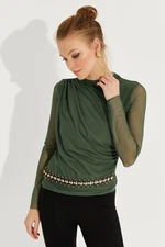 Cool & Sexy Women's Khaki Gathered Draped Tulle Blouse