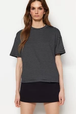 Trendyol Black and White Striped Relaxed/Wide Comfortable Cut, Crew Neck Knitted T-Shirt