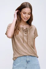 Trend Alaçatı Stili Women's Camel Eyelet Collar Lace-Up and Washed T-Shirt