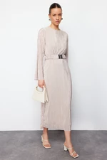 Trendyol Gold Color Pleated Belt Detailed Knitted Dress