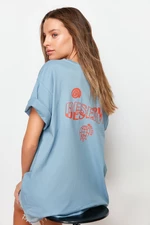 Trendyol Indigo 100% Cotton Slogan Printed on the Back Boyfriend Fit Crew Neck Knitted T-Shirt