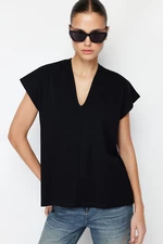 Trendyol Black 100% Cotton V Neck Moon Sleeve Knitted T-Shirt