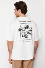 Trendyol Ecru Oversize Fluffy Floral Printed 100% Cotton T-Shirt