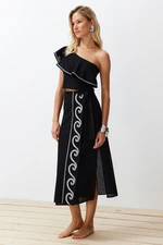 Trendyol Black Woven Flounce Single Shoulder 100% Cotton Blouse Skirt Set