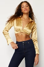 Trendyol Gold Crop Tie Detail Satin Woven Blouse