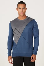 ALTINYILDIZ CLASSICS Men's Indigo-Grey Standard Fit Regular Cut Crew Neck Patterned Knitwear Sweater