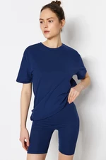 Trendyol námořnicky modré 100% bavlněné tričko - Biker/Krátké legíny pletené pyžamo