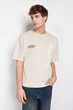 Trendyol Stone Oversize Special Pocket Detailed Printed 100% Cotton T-Shirt