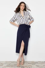 Trendyol Navy Blue Double Breasted Tie Detail Maxi Length Woven Skirt
