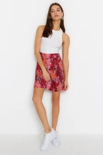 Trendyol Red Printed Open Waist/Skater Normal Waist Pleated Mini Knitted Mini Skirt