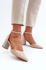Beige pumps made of eco suede with an embellished heel by Anlitela