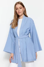 Trendyol Niebieskie tkane kimono w paski z paskami i kaftanem