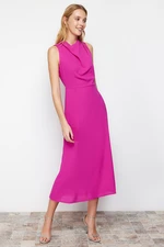 Trendyol Pink Degaje Neck Skirt Cut Detail Midi Woven Dress