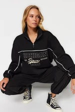 Trendyol Black with Zipper, Printed Oversize/Wide Fit, Fleece Inside, Knitted Sweatshirt