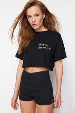 Trendyol Black 100% Cotton Motto Printed Pocket Relaxed Crop Knitted T-Shirt