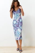 Trendyol Blue Strap Printed A-Line/A-Line Form Flexible Knitted Midi Pencil Dress
