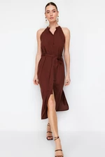Trendyol Brown Belted Prevailing Collar Midi Woven Shirt Dress