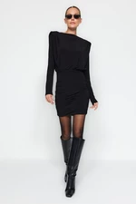 Trendyol Black Padded Draped Fitted Mini Stretchy Knitted Pencil Dress