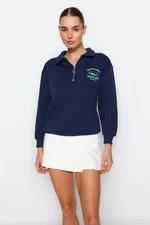 Trendyol Navy Blue Zipper Collar Embroidery Detail Regular Fit Knitted Sweatshirt with Fleece Inside