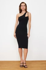 Trendyol Black One Sleeve Fitted Midi Stretchy Knitted Midi Pencil Dress
