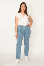 Şans Women's Plus Size Blue 5-Pocket Striped Jeans Pants