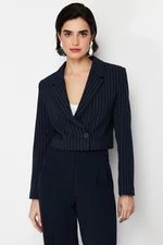 Trendyol Navy Blue Polyviscon Striped Crop Premium Woven Blazer Jacket