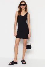 Trendyol Black V-Neck Fitted, Flexible Mini Knit Dress with Ribbons