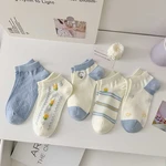 Women Socks Blue Cute Bear Embroidered Stripe Printed Cotton Socks Simple Fashion Breathable Women's No-show Socks B118