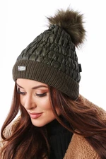 Winter nylon beanie with pompom, dark green