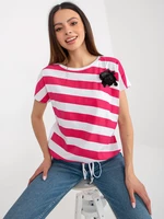 White and fuchsia striped blouse with short sleeves