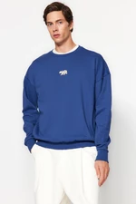 Trendyol Navy Blue Men's Oversize Fit Crew Neck Sweatshirt with Animal Embroidery and a Soft Pillowcase.