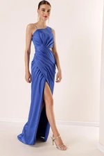 By Saygı One-Shoulder Decollete Waist Chain Satin Evening Dress