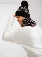 Lady's black-beige winter beanie with pompom