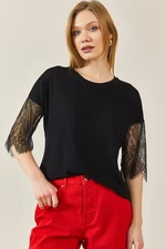 XHAN Black Lace Detail Raglan Sleeve Blouse