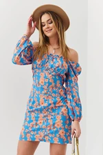 Beautiful dress with floral pattern in blue and orange colors