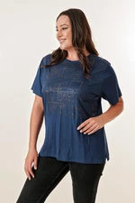 By Saygı Short Sleeves Plus Size Blouse with a Square Stone Print and Foiled Foil.