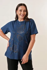 By Saygı Plus Size Blouse with Stone Print And Foil Short Sleeves On The Front
