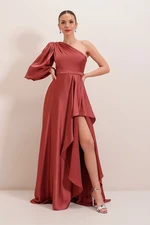 By Saygı Single Sleeve Flounce Front Lined Crepe Satin Long Dress Dark Powder