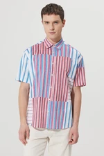 AC&Co / Altınyıldız Classics Men's White Color Oversized Loose Fit Hidden Button Collar 100% Cotton Printed Short Sleeve Shirt.