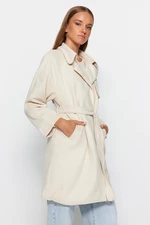 Trendyol Ecru Oversize Wide-Cut Suede Long Trench Coat with Sash Detail