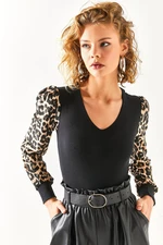 Olalook Women's Black V-Neck Leopard Lycra Garnish Blouse