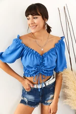 Olalook Women's Indigo Carmen Collar With Gatherings, Ajrobine Blouse