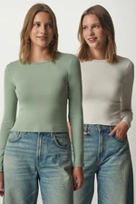 Happiness İstanbul Women's Almond Green Stone Crew Neck Wraparound 2-Pack Knitted Blouse