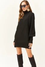 Olalook Women's Black Turtleneck Balloon Sleeve Soft Textured Tunic Dress
