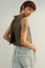 Trendyol Khaki Limited Edition Faux Leather Back Detail Woven Blouse