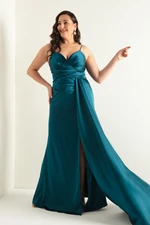 Lafaba Women's Petrol Plus Size Long Satin Evening Dress & Prom Dress