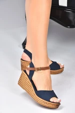 Fox Shoes Women's Navy Blue Linen Wedge Heeled Shoes