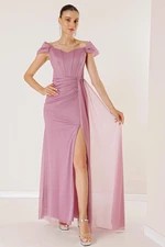 By Saygı Low Sleeve Front Draped Lined Underwire Long Silvery Dress